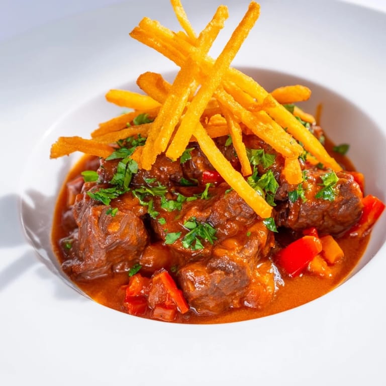 A steaming bowl of Czech Goulash Potato showcasing rich flavors and perfectly cooked, crispy potatoes.