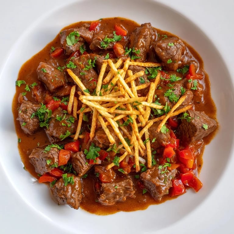 Close-up of Czech Goulash Potato, highlighting juicy beef submerged in a vibrant, spiced, paprika sauce.