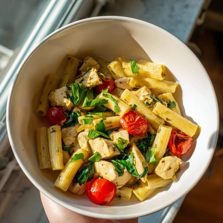 Freshly grated Parmesan cheese melted over steaming One-Pan Lemon Herb Pasta Chicken, garnished with chopped parsley and basil, served ready to enjoy.  