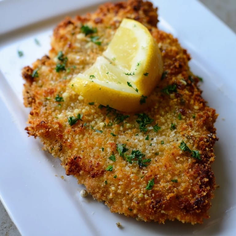 A close-up of Crispy Parmesan Chicken Cutlet on a white plate, showcasing its crunchy golden crust and tender, juicy interior, perfect for a weeknight Italian-American dinner.
