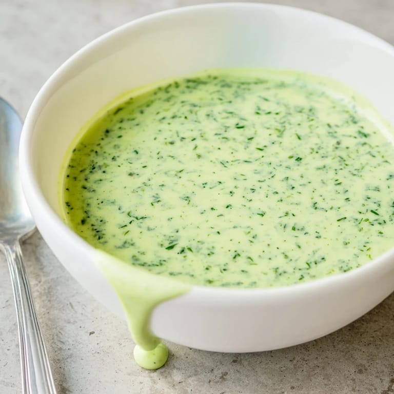 A creamy bowl of Green Goddess Dressing surrounded by fresh herbs, lemon wedges, and crisp vegetables for dipping.