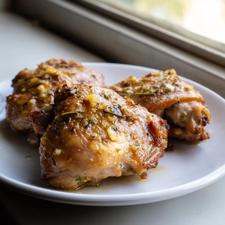 A skillet of Garlic Butter Chicken Thighs with roasted vegetables and lemon wedges, ready to serve.  