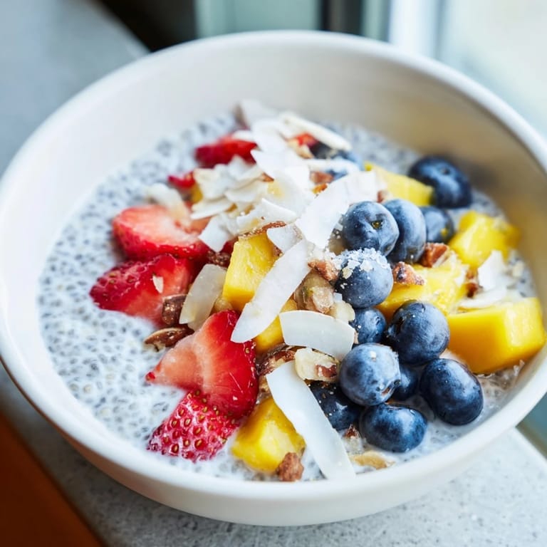 Custard-like chia seed pudding served chilled in a dessert bowl with strawberries, blueberries, and a sprinkle of walnuts.