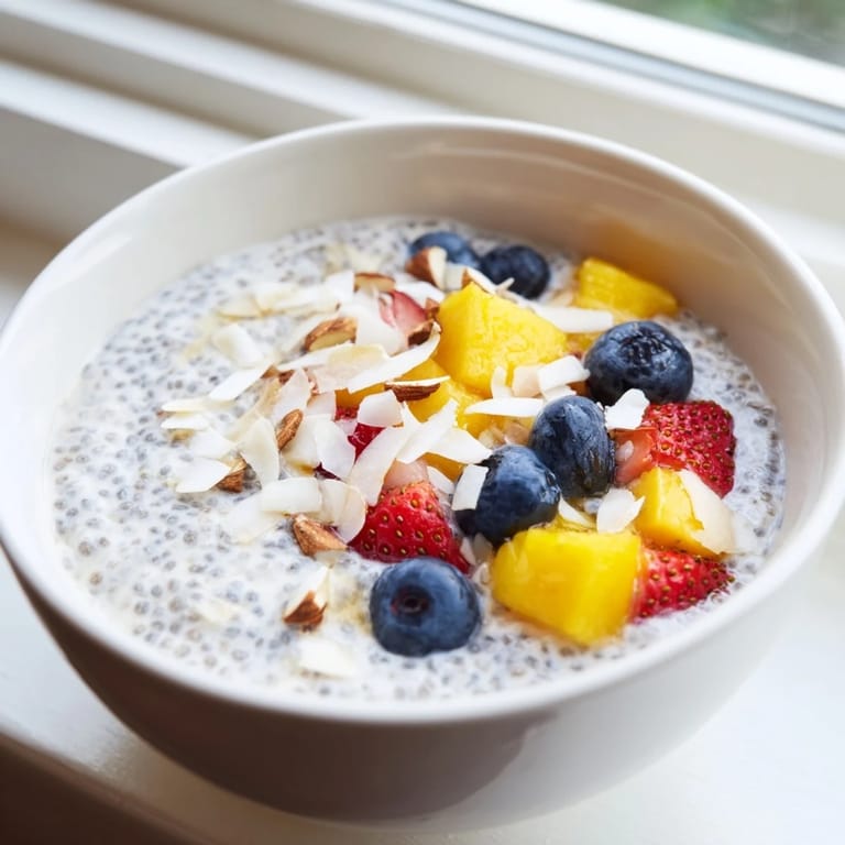 Thickened chia seed pudding topped with sliced mango, bananas, and a drizzle of maple syrup for a healthy breakfast.