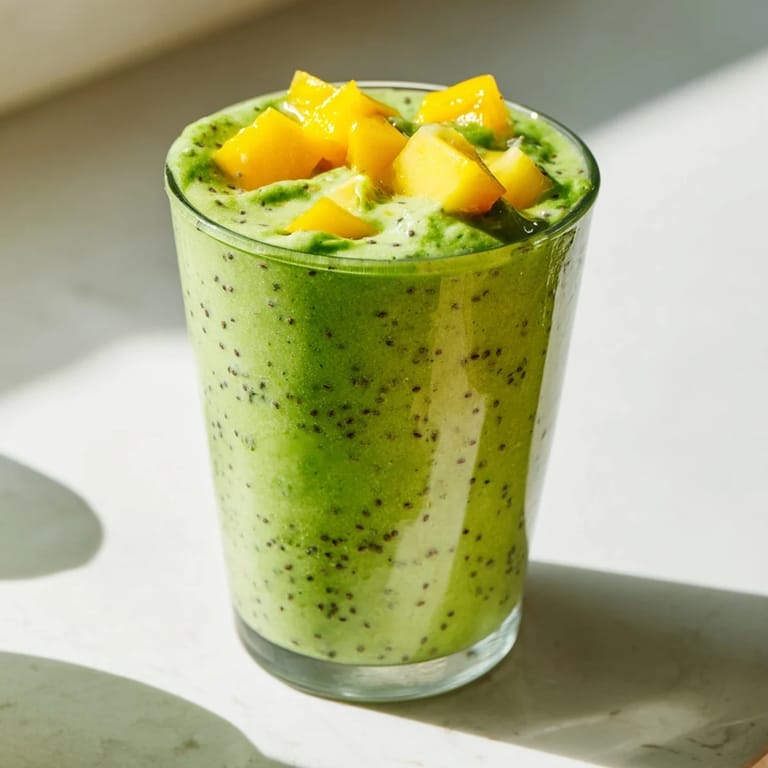 Glossy, creamy spinach-hidden smoothie blending baby spinach with tropical mango and pineapple, served chilled in a frosted glass for a refreshing healthy treat.