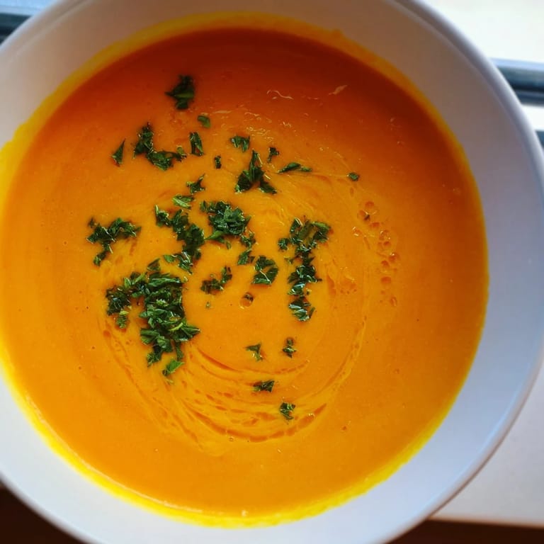 Velvety carrot-based creamy soup topped with herbs, ready to be served with a chilled glass of white wine.