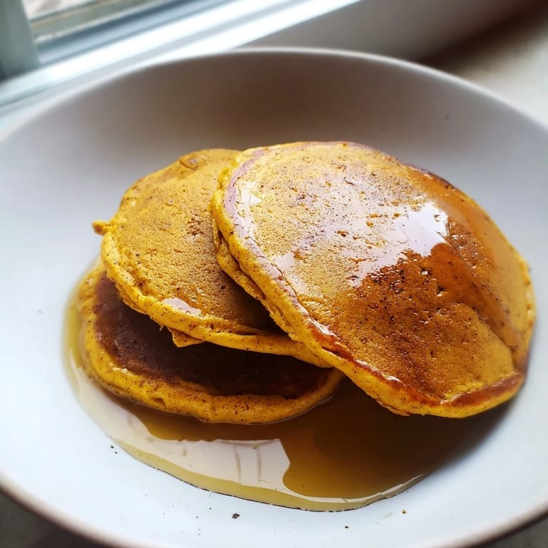 A close-up view of fluffy Pumpkin Spice Pancakes, scattered with toasted pecans and dusted with powdered sugar on a rustic wooden table.