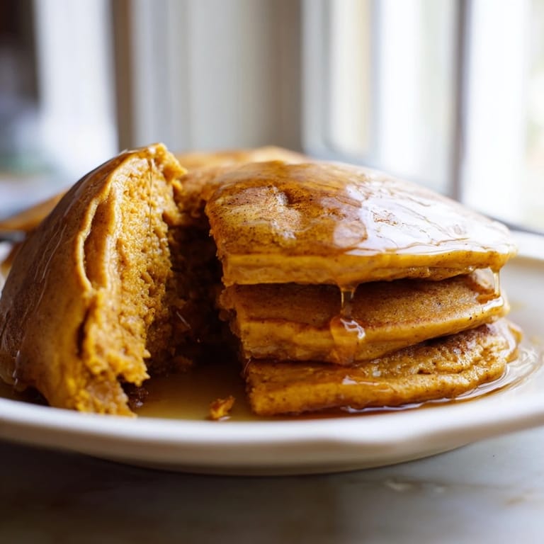 Freshly cooked Pumpkin Spice Pancakes served on a warm plate, accompanied by a steaming mug of coffee for the perfect fall brunch.