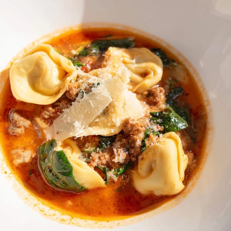 Hearty Tuscan Tortellini Soup simmers with sausage, spinach, and cheese tortellini in a rich tomato-cream broth, ready to ladle into rustic bowls.