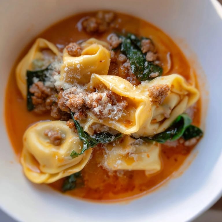 Comforting Tuscan Tortellini Soup with tender pasta, savory sausage, and wilted spinach swimming in a creamy, herb-infused tomato broth for a cozy dinner.