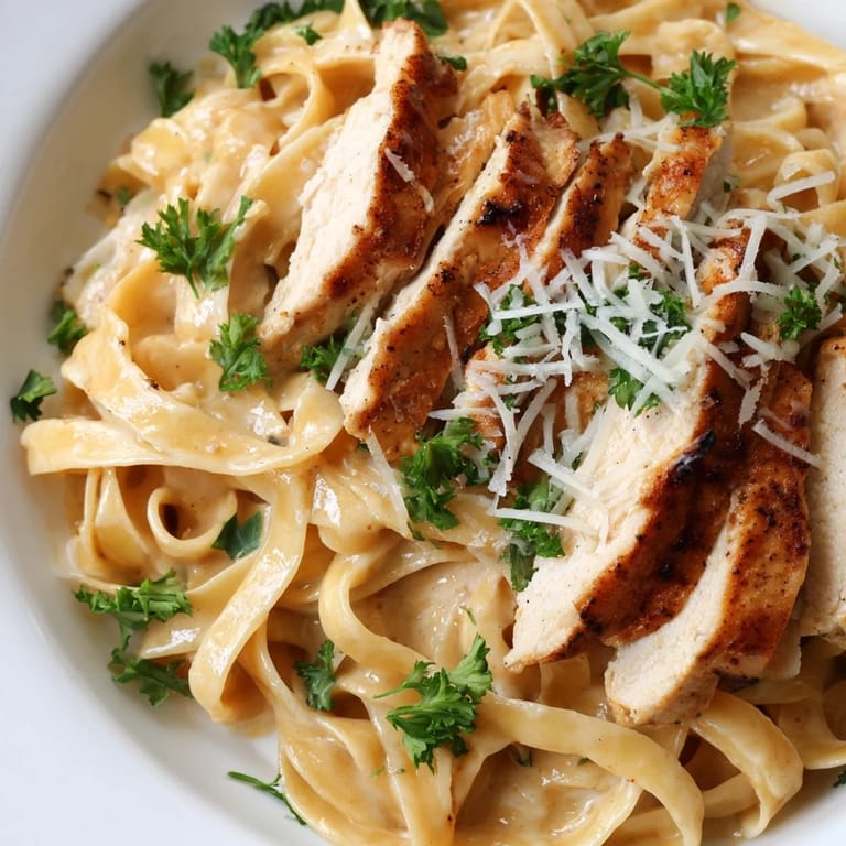 A close-up of Cajun Chicken Alfredo, showcasing saucy fettuccine, seasoned chicken, and a sprinkle of red pepper flakes.