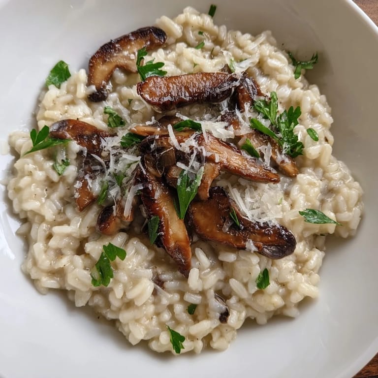 Golden roasted mushrooms top a steaming bowl of risotto, served with a glass of white wine.  