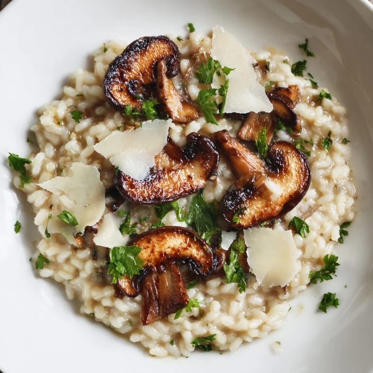 Hearty vegetarian roasted mushroom risotto with Arborio rice, Parmesan, and fresh parsley.