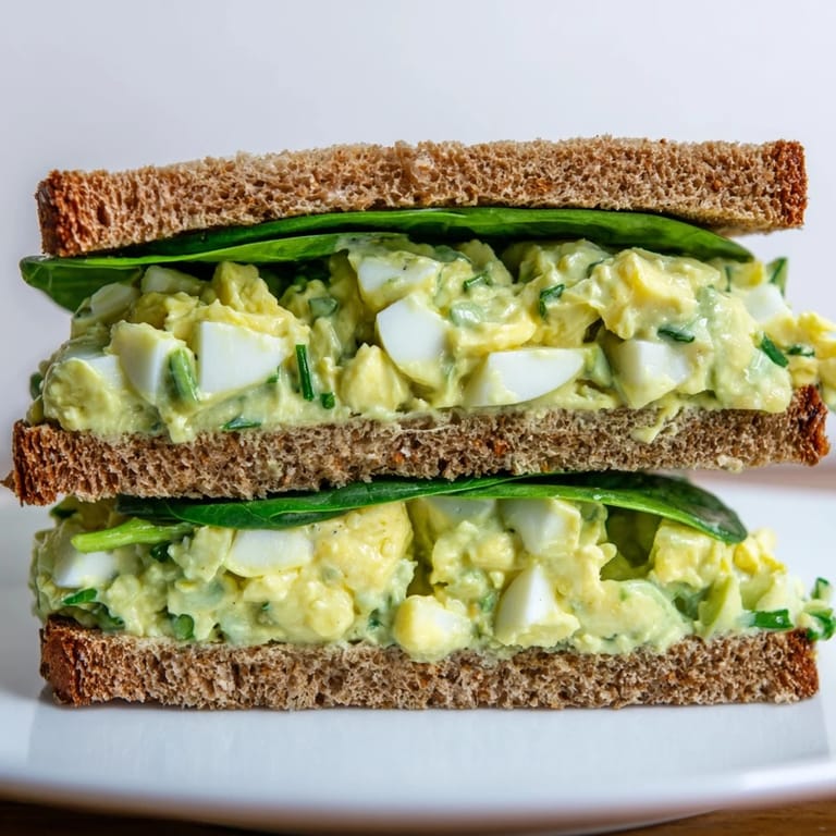 This plated avocado egg salad sandwich, garnished with fresh herbs, is ready for a healthy lunch on a wooden table.