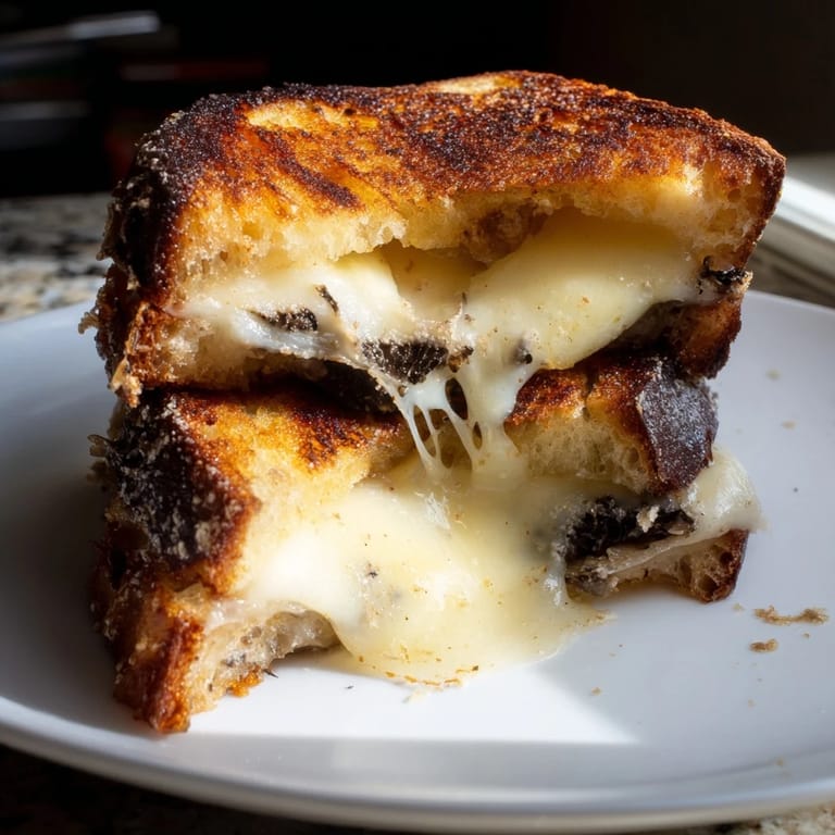 Close-up of a buttery Truffle Grilled Cheese, showcasing melted cheese and truffle oil, perfect for a quick gourmet snack.
