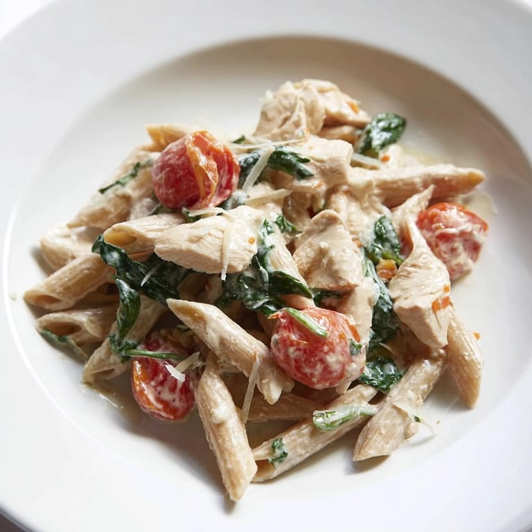 Golden chicken pieces and luscious Greek yogurt sauce tossed with al dente pasta for a high-protein dinner.