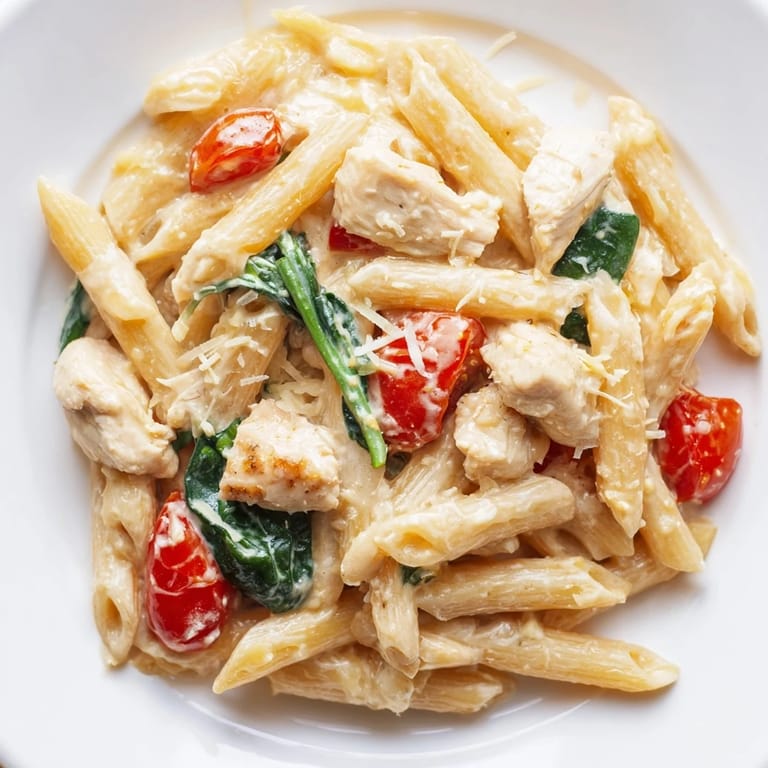 Healthy Greek Yogurt Chicken Pasta topped with Parmesan, fresh basil, and bright lemon in a white bowl.