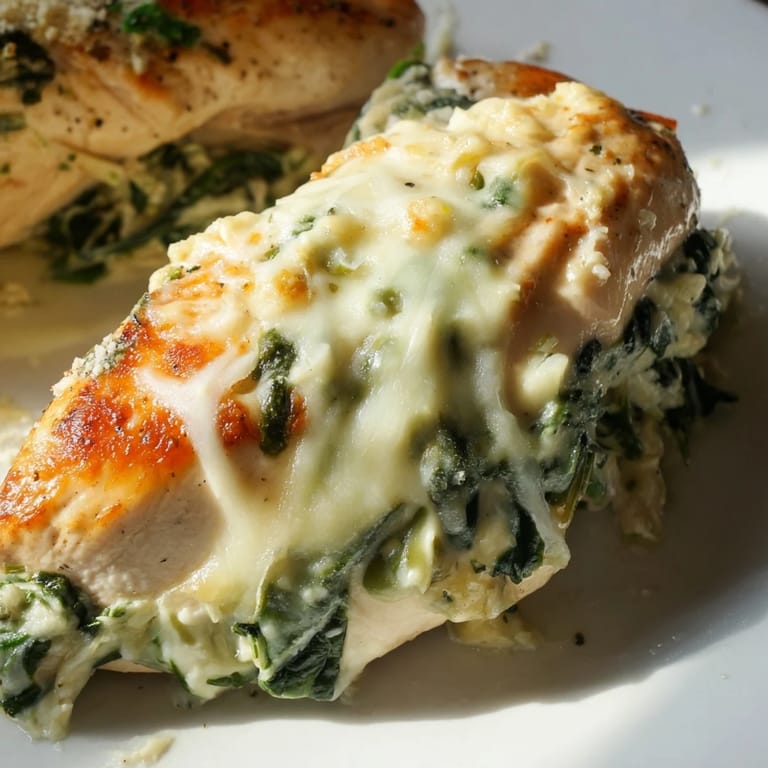 Slice through the juicy, baked chicken breasts covered in a tangy, cheesy spinach and artichoke yogurt blend.  