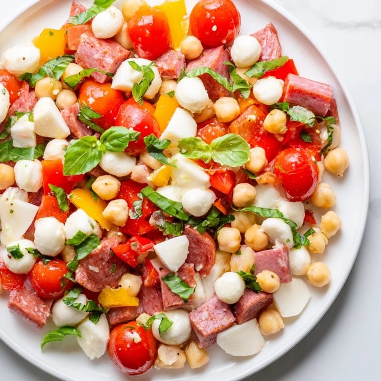 Serving suggestion for Crunchy Antipasto Chopped Salad featuring salami cubes, pepperoncini, and black olives over crisp greens.