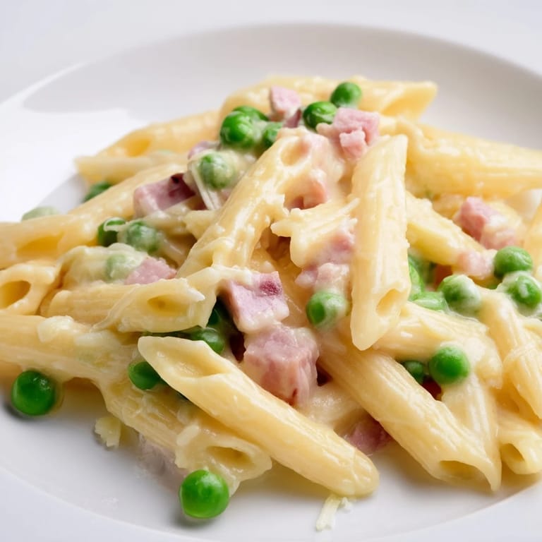 Vibrant Spring Pea & Ham Pasta served in a skillet, garnished with fresh parsley and extra Parmesan, perfect for a quick March dinner.