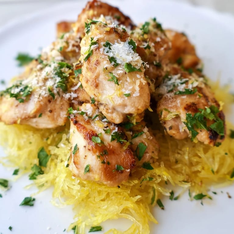 Healthy gluten-free Lemon Garlic Chicken Spaghetti Squash plated with lemon wedges for a zesty finish.