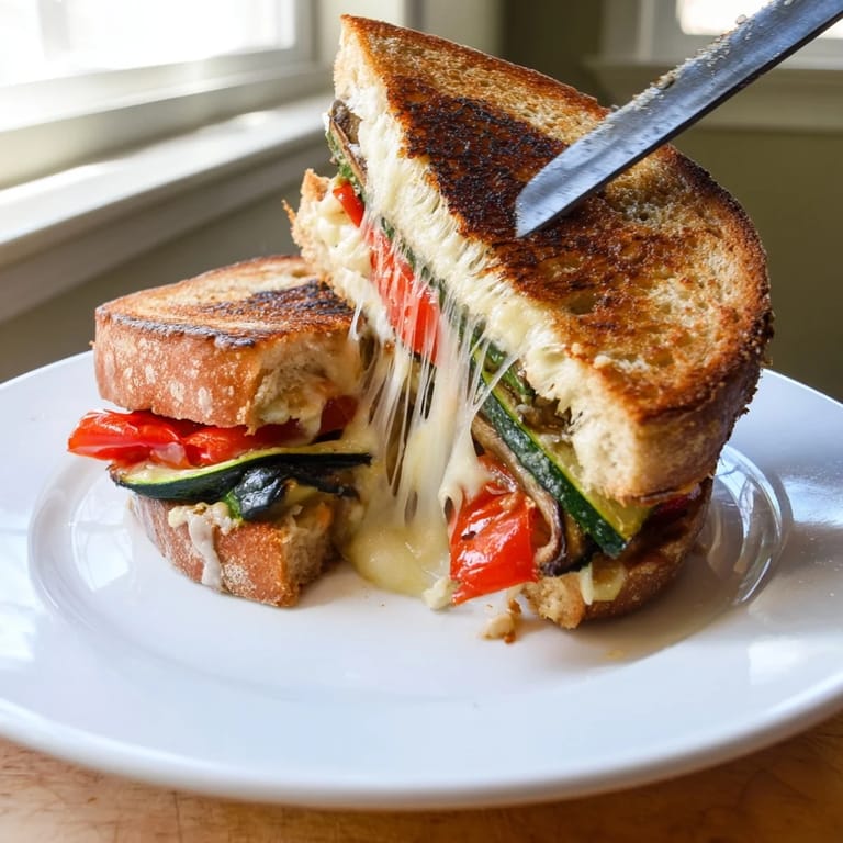 Roasted Veggie Caprese Grilled Cheese sandwich cut diagonally, showing fresh tomato slices and vibrant basil between crispy sourdough.