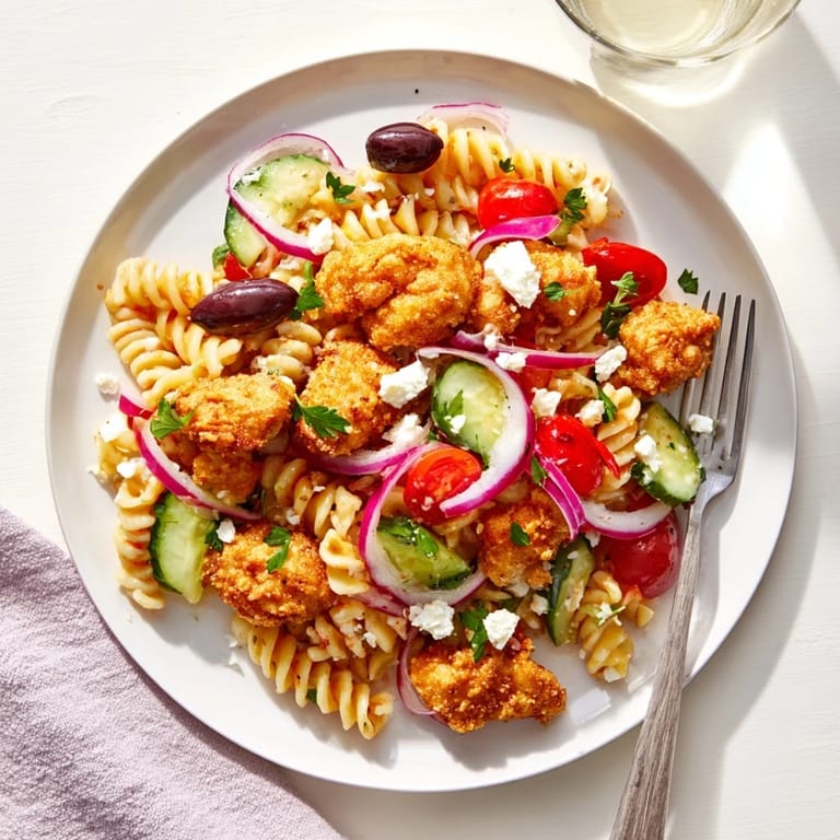 Golden crispy chicken pieces sit atop a vibrant bowl of Greek pasta with red onion, parsley, and a zesty vinaigrette.