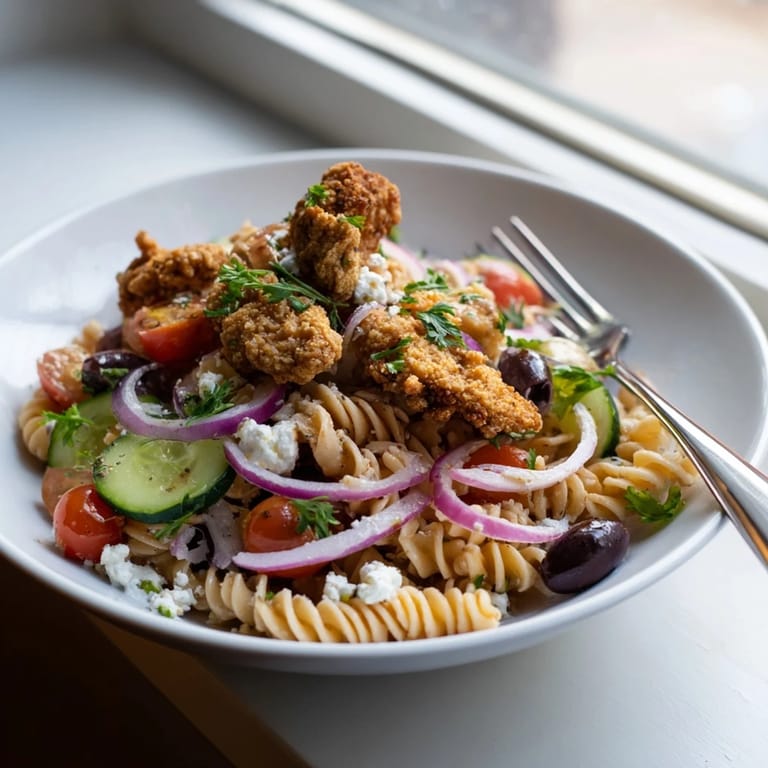 A finished platter of Crispy Chicken Greek Pasta showcases tender pasta, fresh Greek salad vegetables, and crunchy chicken ready to serve.