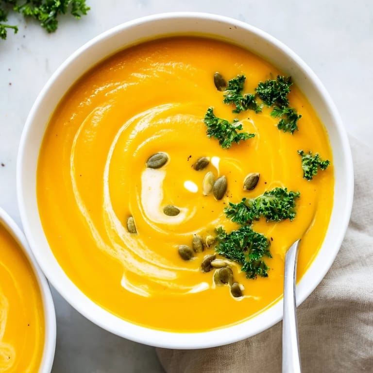 Velvety butternut squash soup with roasted squash, carrots, and onions, featuring a golden swirl of coconut milk and fresh parsley garnish.