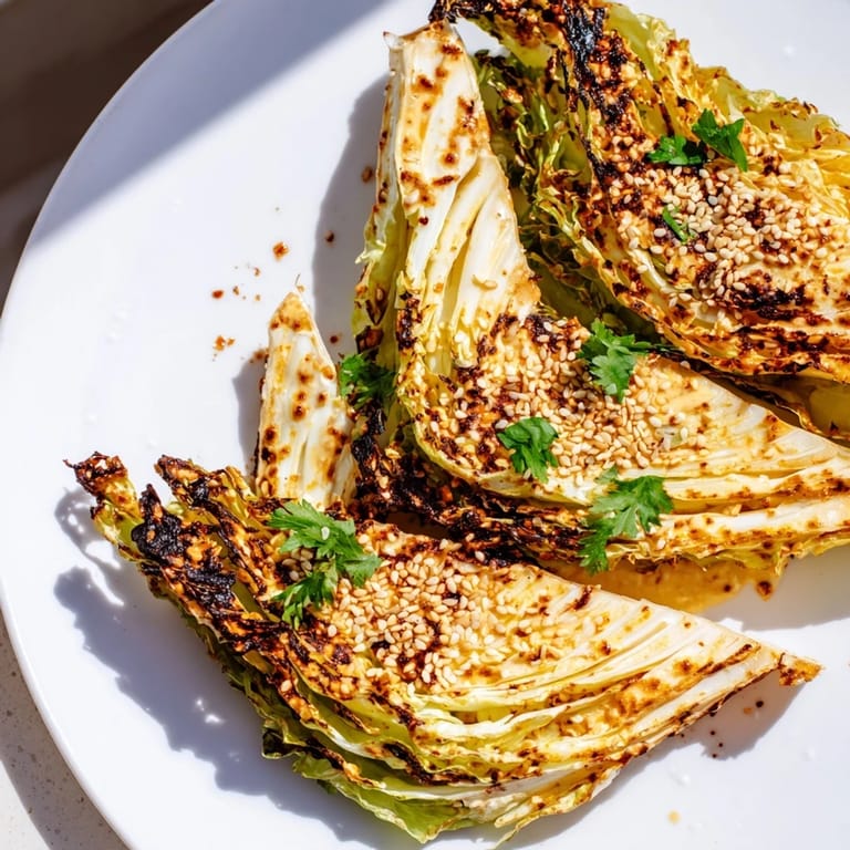 Warm roasted cabbage wedges on a platter garnished with sesame seeds and paprika, perfect for a quick, Middle Eastern-inspired dinner.