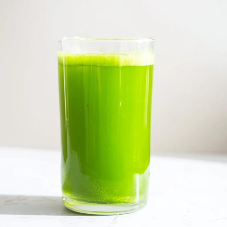 Bright green Cabbage and Kale Detox Juice in a mason jar, set against a rustic wooden table with fresh kale leaves and ginger nearby. 