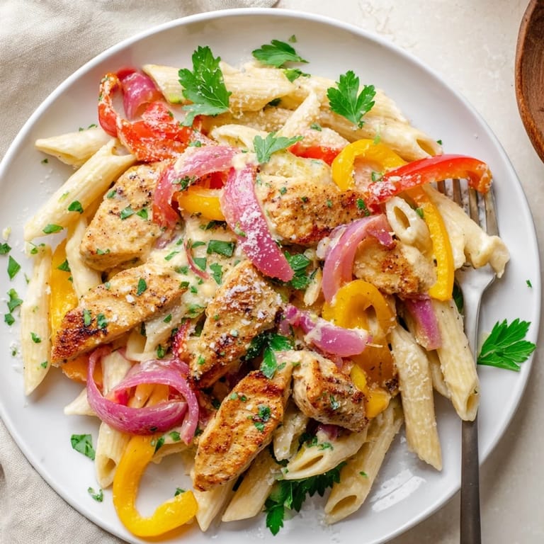 Serve Creamy Cajun Chicken Pasta Lite family-style with grated Parmesan and lemon wedges, highlighting a lighter, flavorful weeknight dinner.