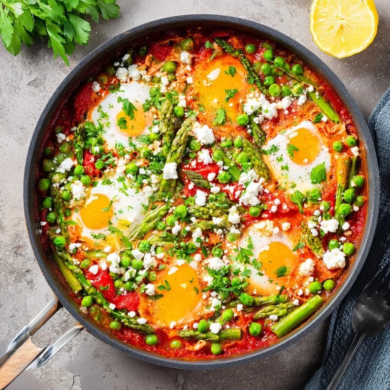 Spring asparagus and peas brighten this shakshuka, featuring runny-yolked eggs nestled in a smoky, cumin-spiced tomato sauce perfect for sharing.