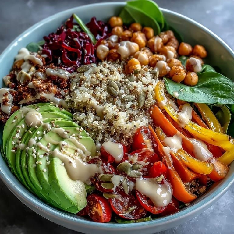 Colorful vegetables including red cabbage, carrots, and bell peppers arrange neatly over fluffy quinoa in this healthy lunch.