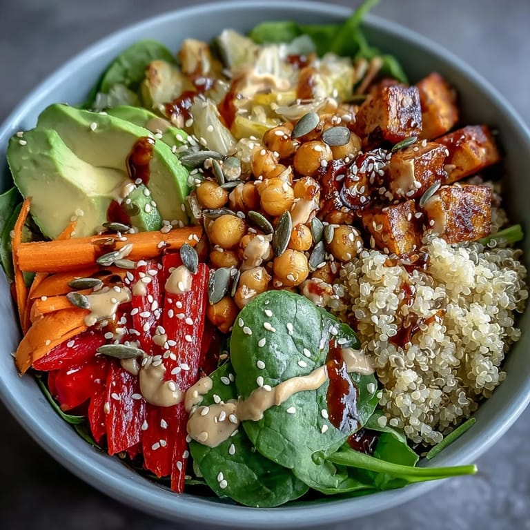 A close-up of a nourishing vegetarian bowl garnished with pumpkin seeds and fresh spinach, perfect for a gluten-free dinner.