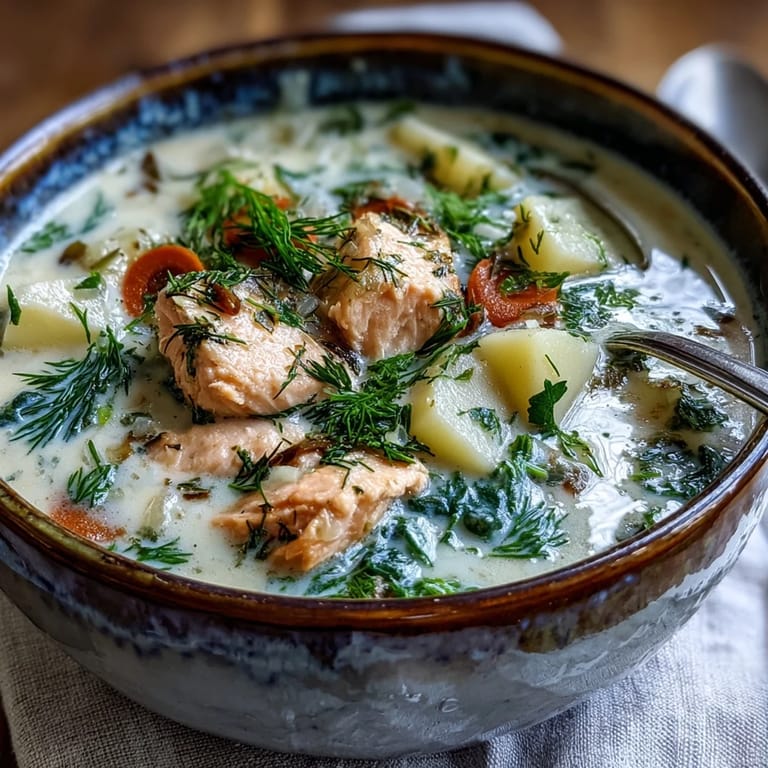 A comforting bowl of Finnish Salmon Soup with soft potatoes and carrots, steaming beside rye bread.