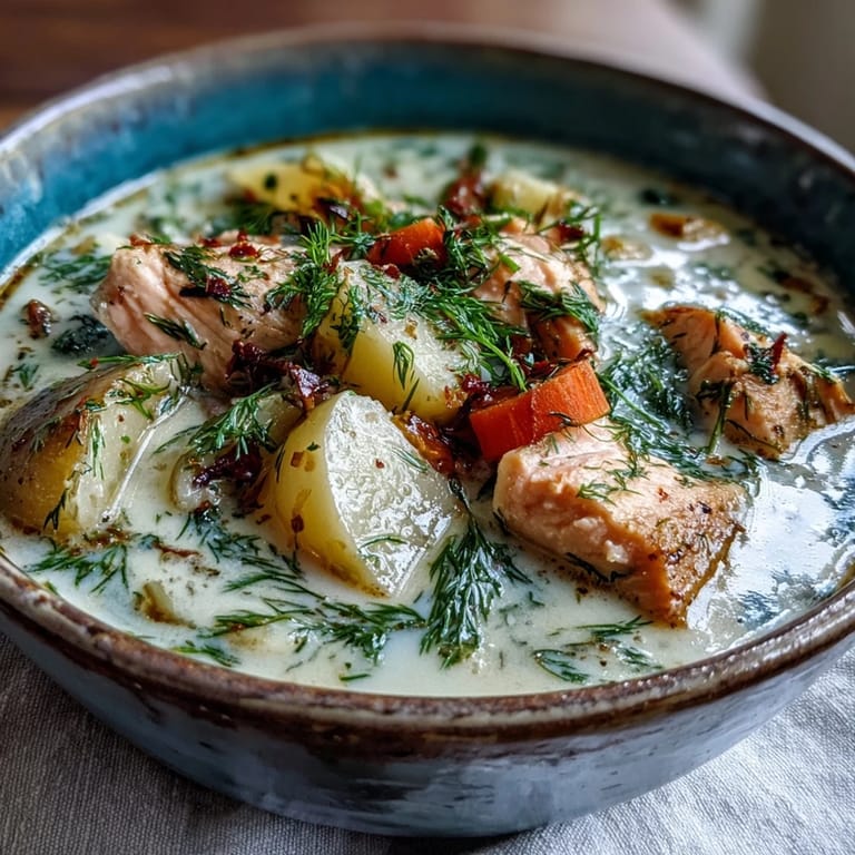Close-up of homemade Finnish Salmon Soup featuring flaky salmon, diced potatoes, and chopped dill in creamy broth.