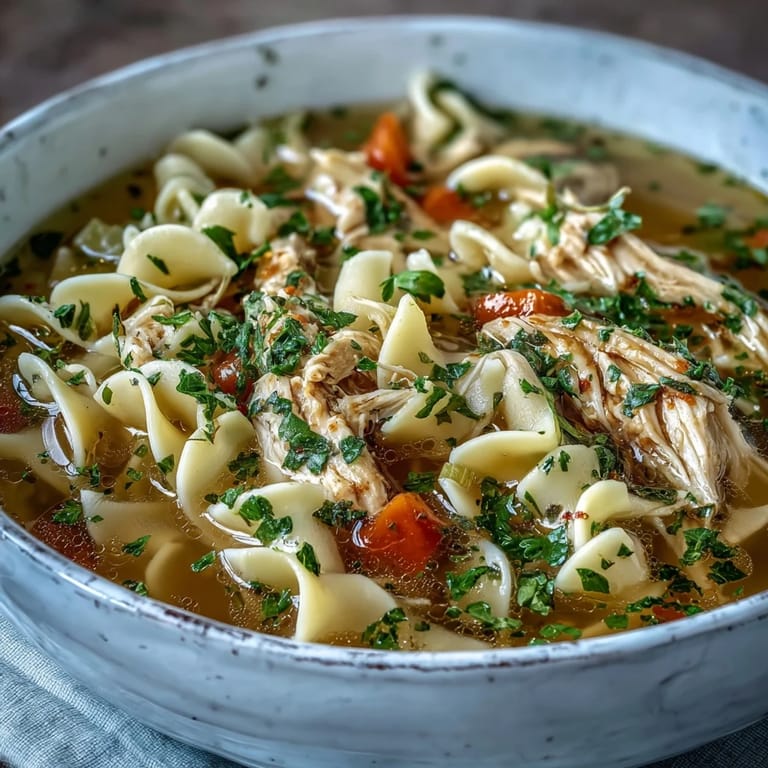 Comforting Chicken and Noodle Soup served in a white bowl, garnished with fresh parsley and lemon.