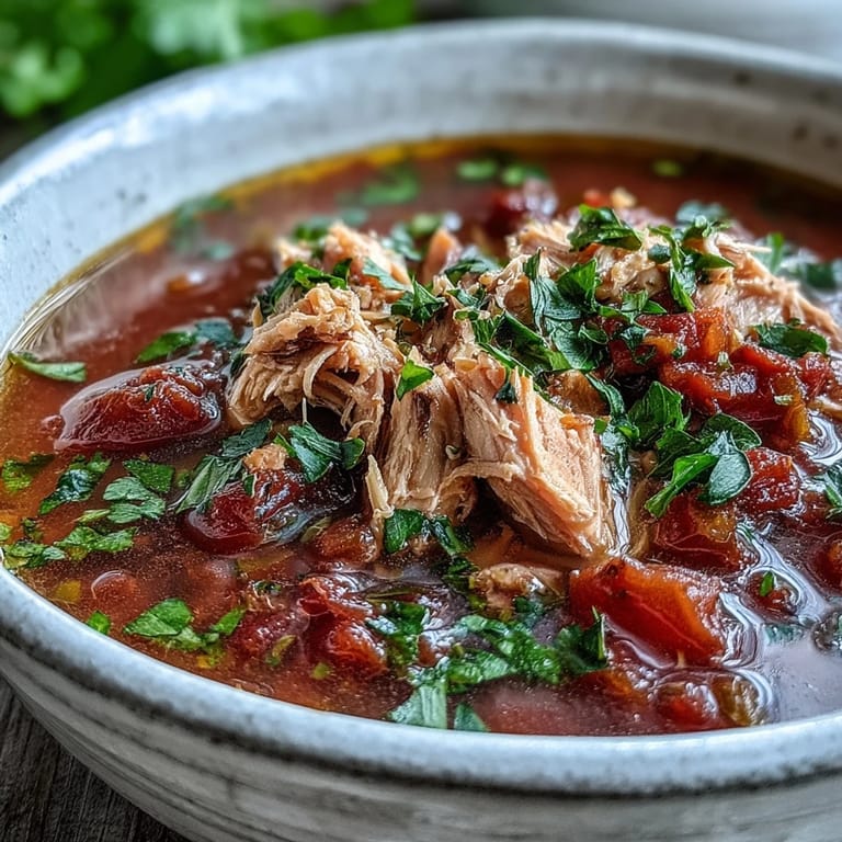 A close-up of Tuna and Tomato Soup in a rustic bowl, topped with fresh basil and red pepper flakes for extra flavor.