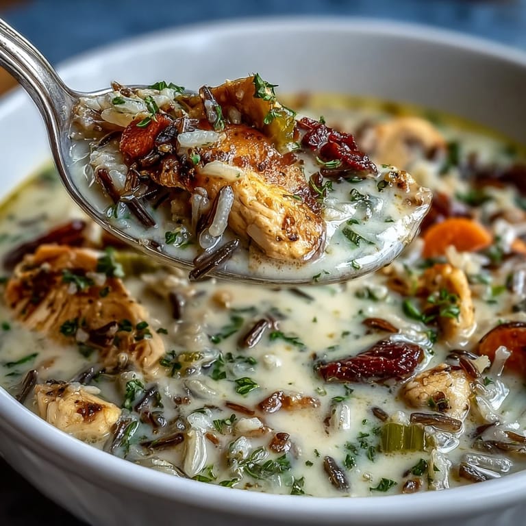 Hearty Parmesan Mushroom Chicken and Wild Rice Soup served in a cozy setting, garnished with fresh parsley and extra Parmesan.