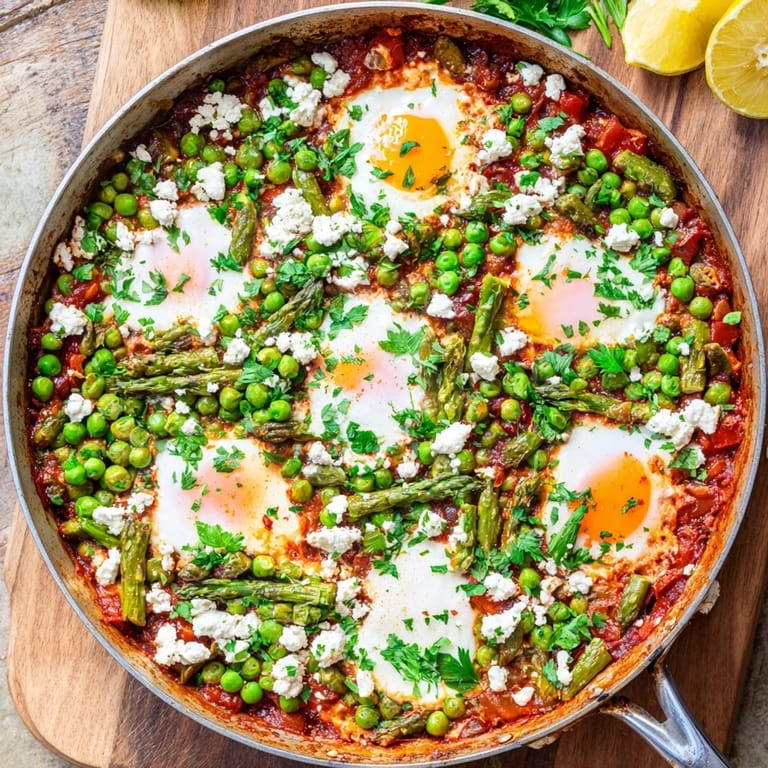 Vibrant Pea and Broad Bean Shakshuka steams in a skillet, finished with crumbled feta and mint, ready to scoop with warm crusty bread.