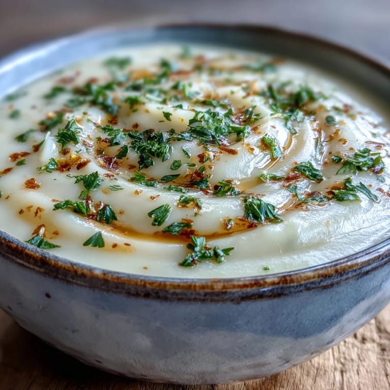 White Bean and Parmesan Soup in a white bowl beside crusty bread, a bay leaf, and olive oil on a wooden table.