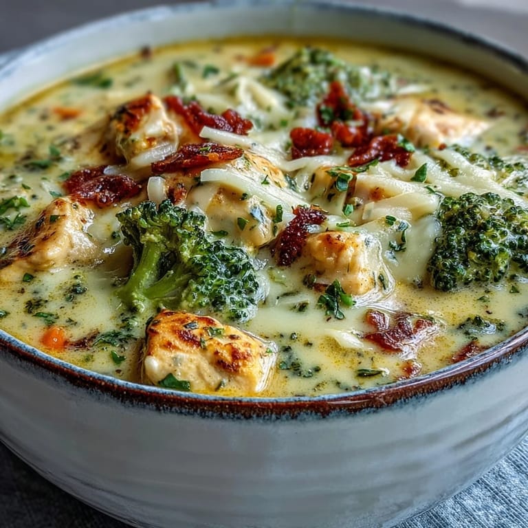 A ladle of rich Best Chicken Broccoli Cheddar Soup being poured from a Dutch oven into a bowl.