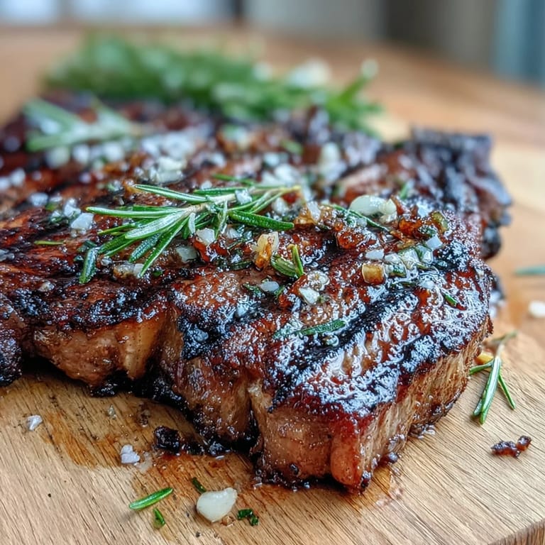 Grilled bone-in rib eye topped with rosemary and garlic, paired with asparagus and potatoes for a classic meal.