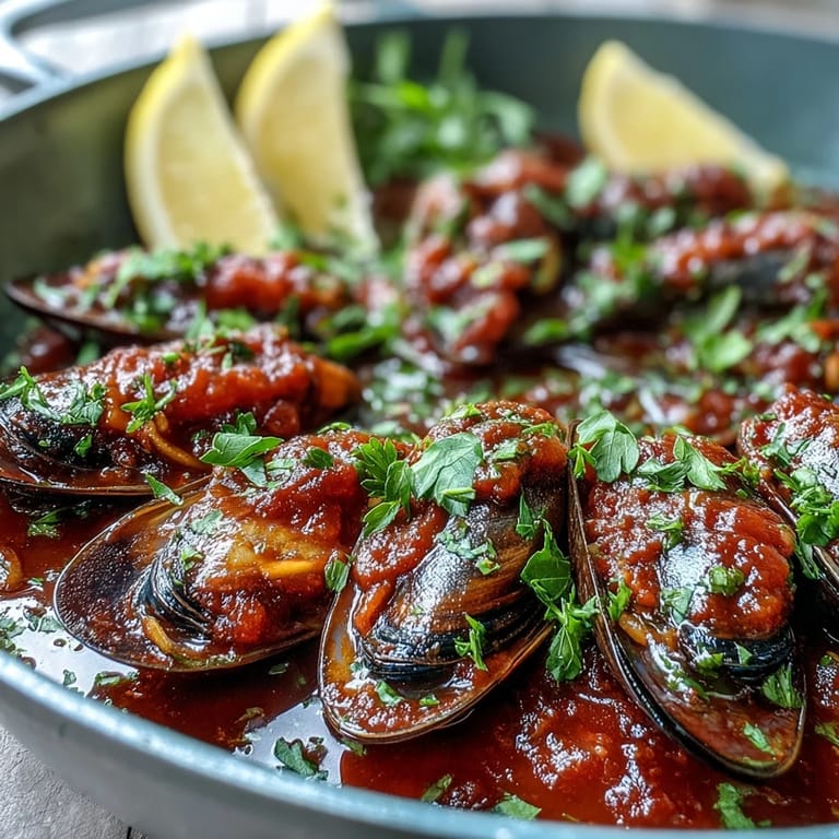 Tender mussels in a rich, spicy tomato broth, ready to serve with grilled sourdough for dipping in the smoky pomodoro sauce.