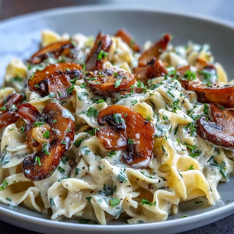 Freshly chopped parsley tops a warm bowl of creamy mushroom stroganoff, served alongside crusty artisan bread.
