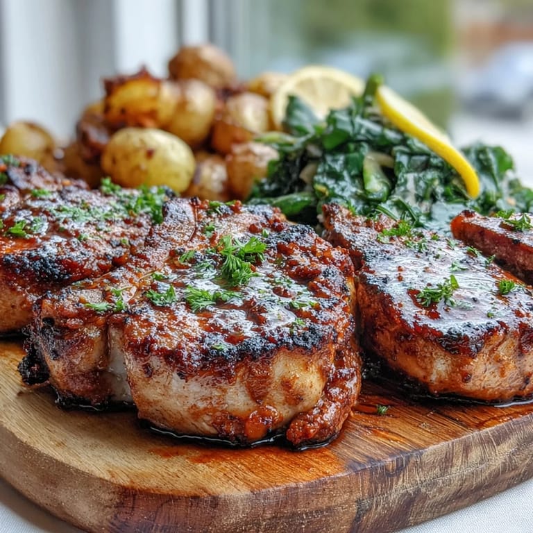 A close-up of Mediterranean-inspired Aleppo pork chops with roasted potatoes and sautéed kale, garnished with fresh lemon.