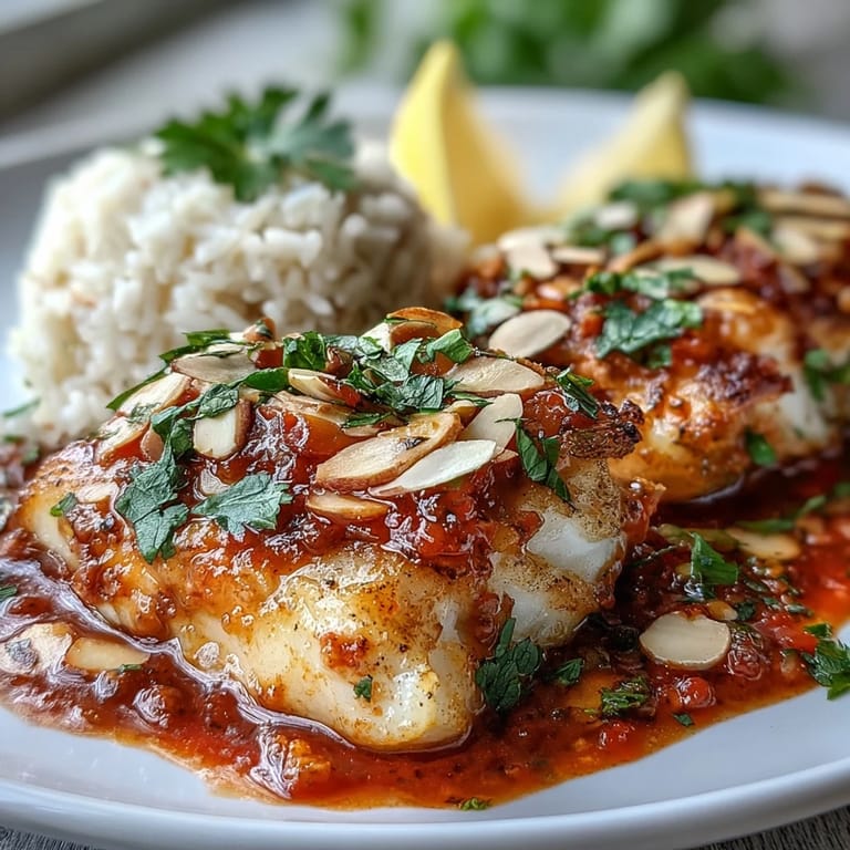 Mediterranean Tomato-Roasted Cod with spiced almonds and parsley garnish on aromatic ginger rice, ready to serve.