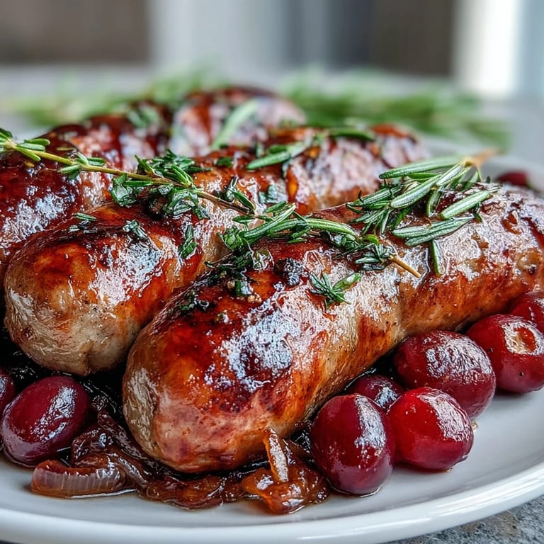 Tender roasted sausage and grapes with red onion slices, garnished with fresh rosemary, ready to be served over creamy polenta or bread.