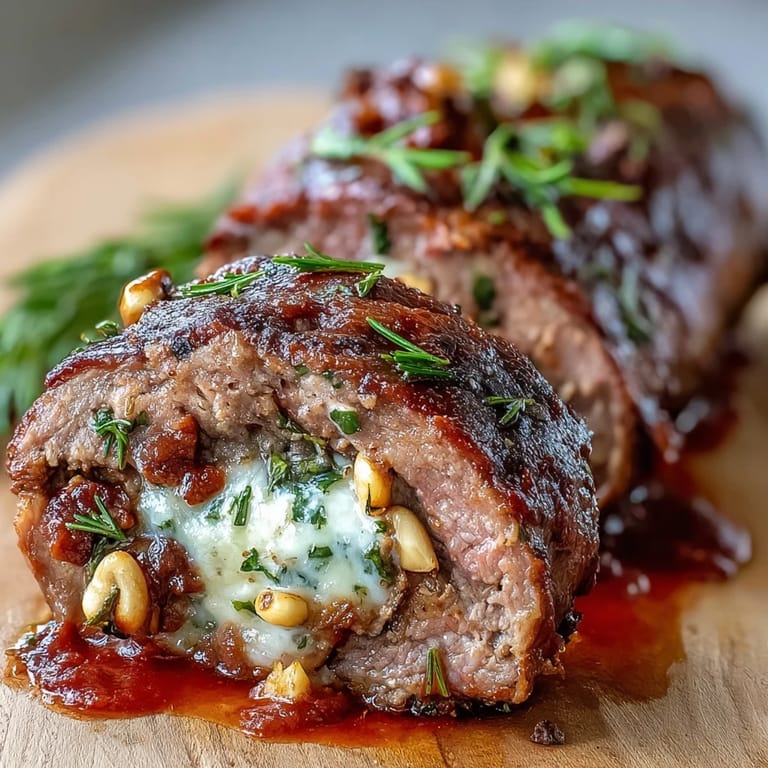Family-style platter of Sicilian-Style Braciole served with crusty bread and a glass of red wine on a rustic table.